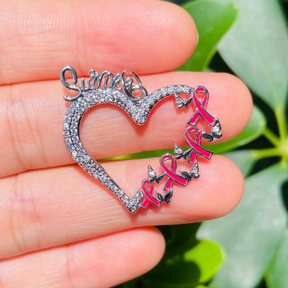 10pcs/lot CZ Pave Pink Ribbon Survivor Heart Charms - Breast Cancer Awareness Silver CZ Paved Charms Breast Cancer Awareness New Charms Arrivals Charms Beads Beyond