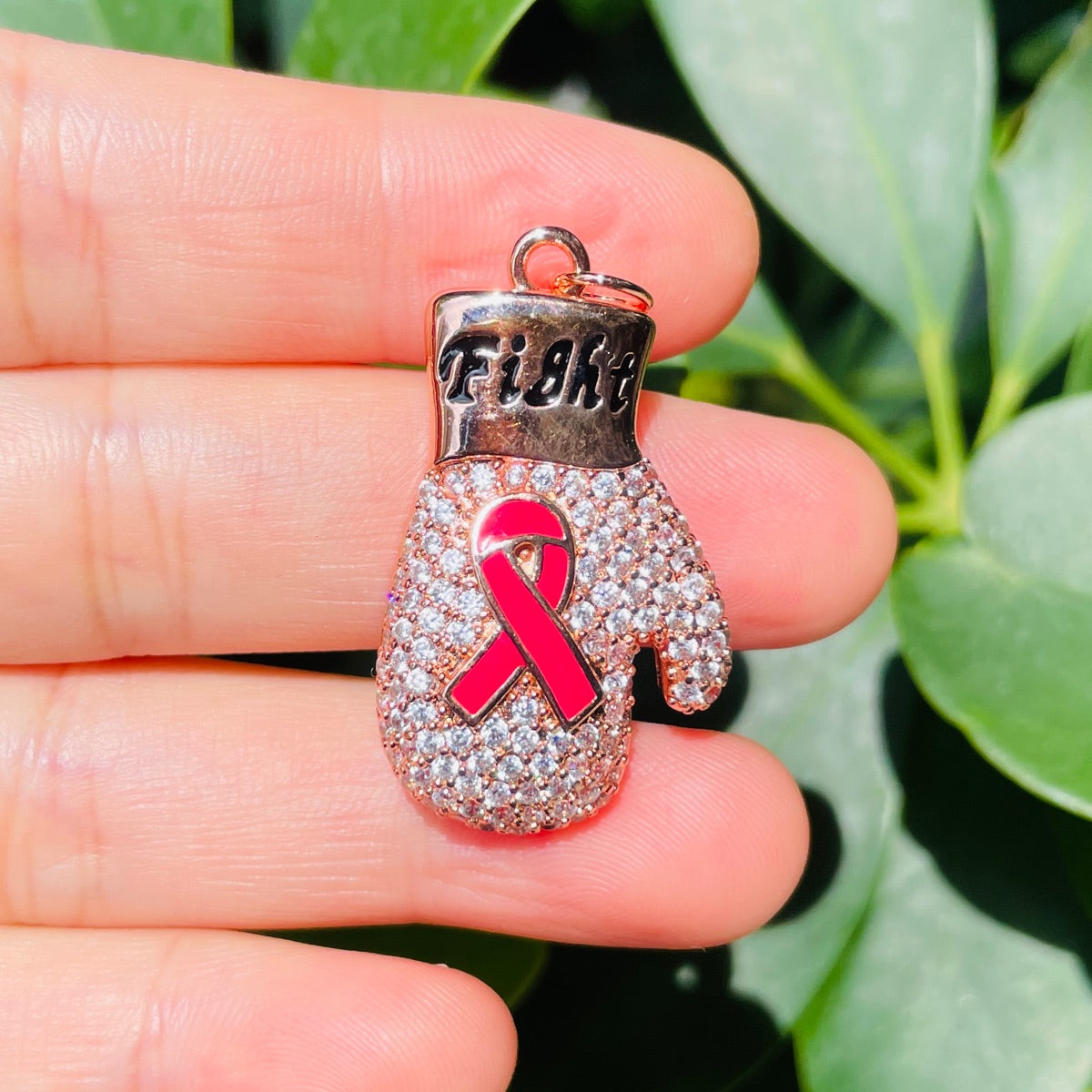 10pcs/lot CZ Pave Pink Ribbon Fight Gloves Charms - Breast Cancer Awareness Rose Gold CZ Paved Charms Breast Cancer Awareness New Charms Arrivals Charms Beads Beyond