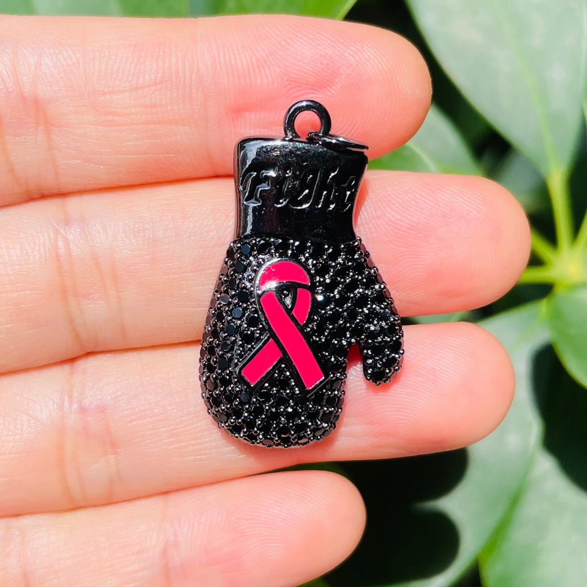 10pcs/lot CZ Pave Pink Ribbon Fight Gloves Charms - Breast Cancer Awareness Black on Black CZ Paved Charms Breast Cancer Awareness New Charms Arrivals Charms Beads Beyond