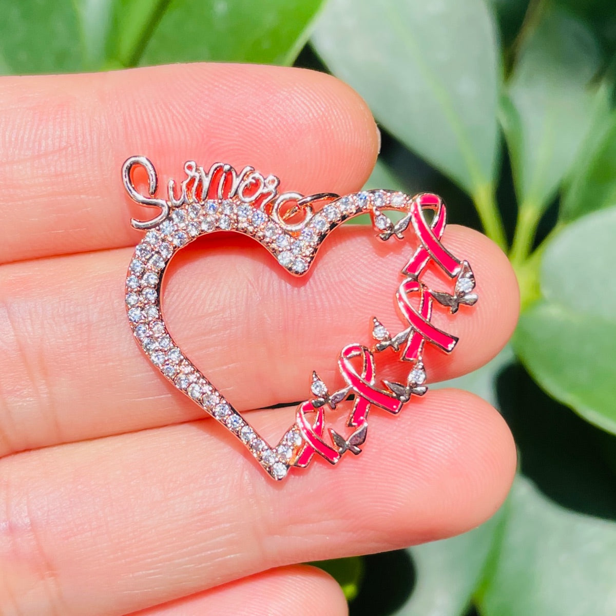 10pcs/lot CZ Pave Pink Ribbon Survivor Heart Charms - Breast Cancer Awareness Rose Gold CZ Paved Charms Breast Cancer Awareness New Charms Arrivals Charms Beads Beyond