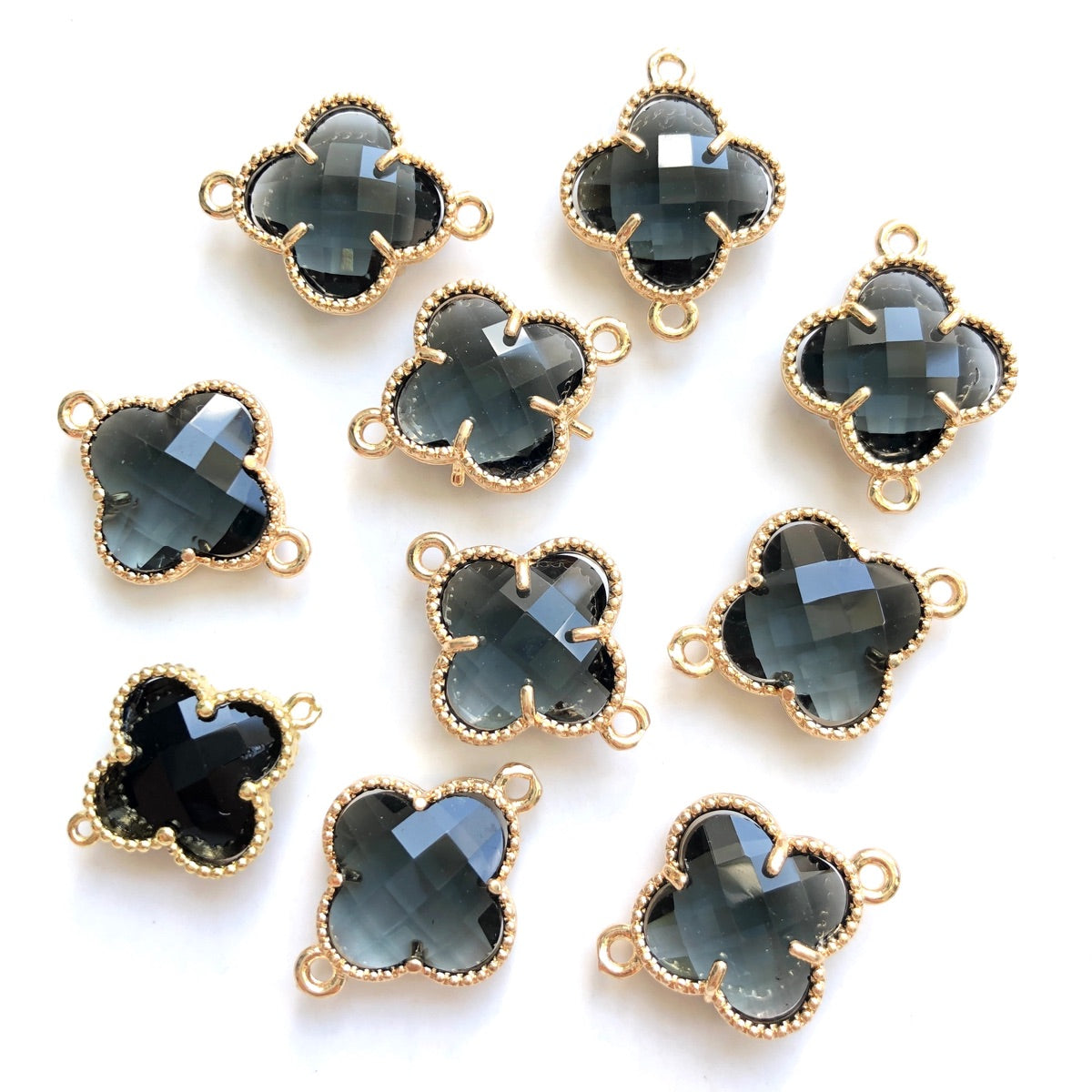 10pcs/Lot Gold Plated Glass Crystal Clover Flower Connectors Clear Black Stone Charms Flower Glass Beads New Charms Arrivals Charms Beads Beyond
