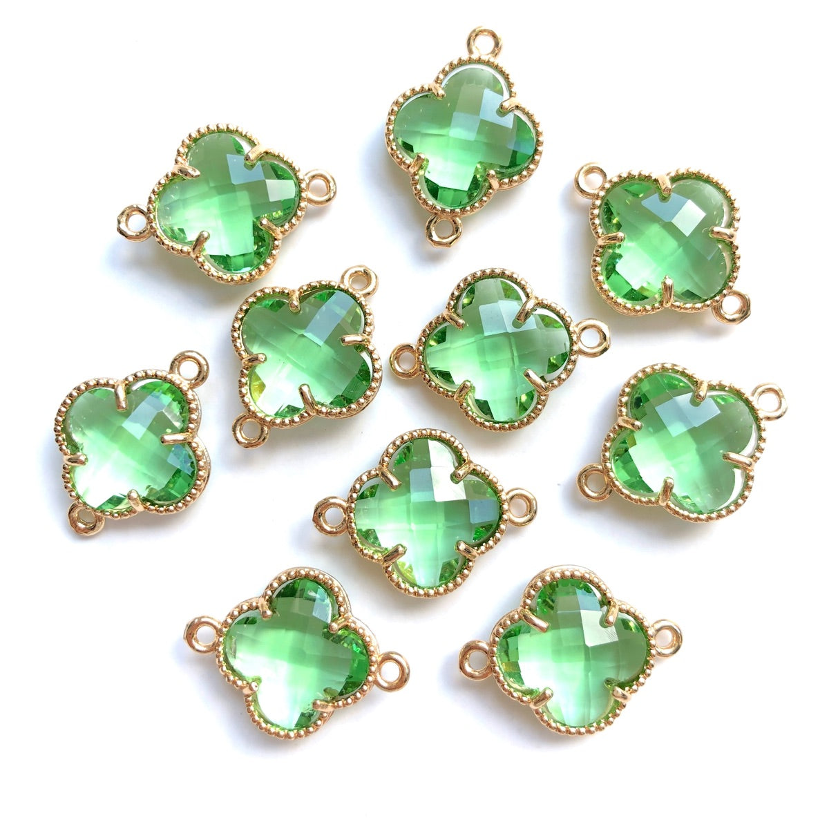 10pcs/Lot Gold Plated Glass Crystal Clover Flower Connectors Light Green Stone Charms Flower Glass Beads New Charms Arrivals Charms Beads Beyond