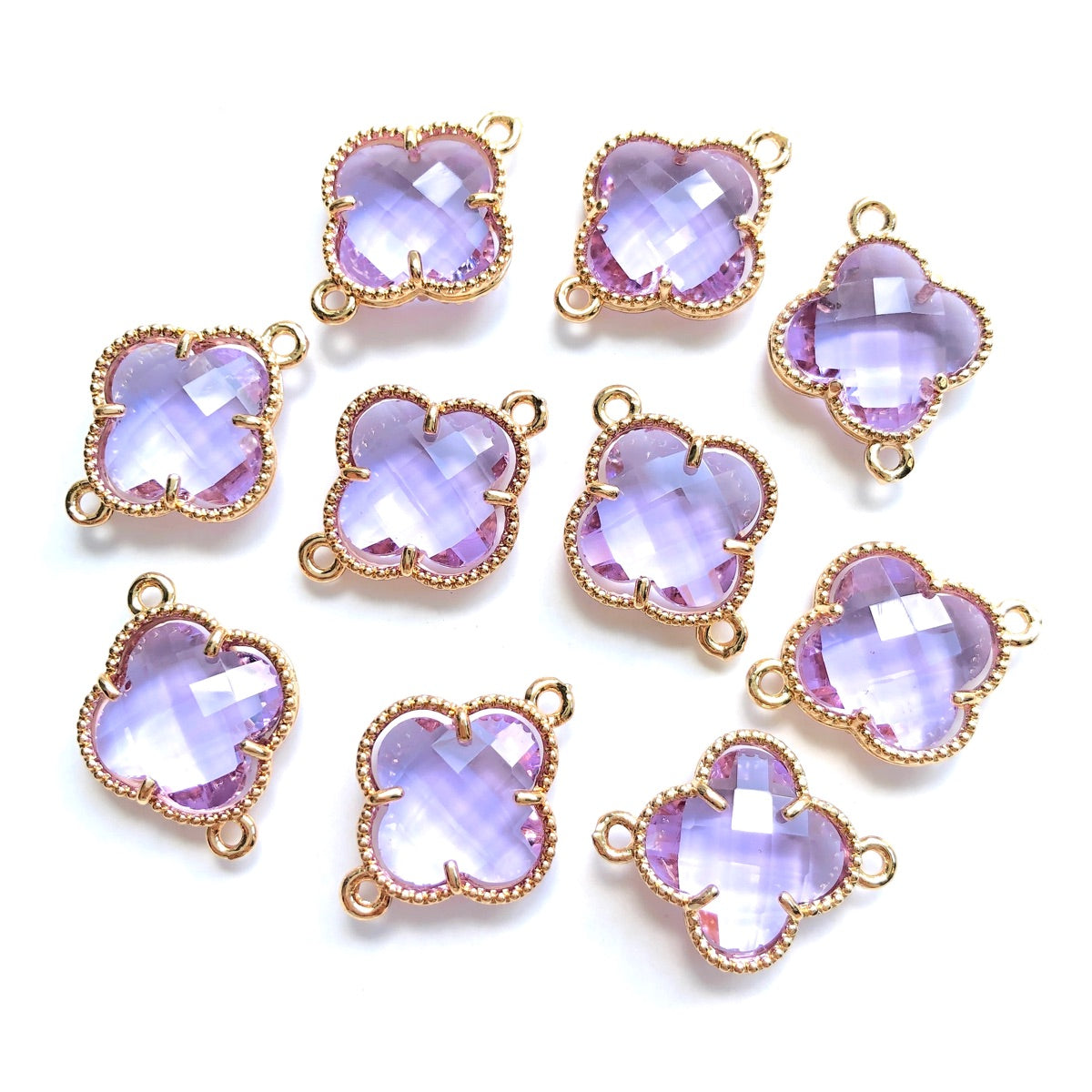 10pcs/Lot Gold Plated Glass Crystal Clover Flower Connectors Light Purple Stone Charms Flower Glass Beads New Charms Arrivals Charms Beads Beyond