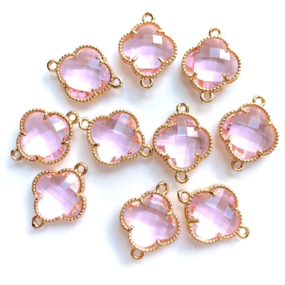 10pcs/Lot Gold Plated Glass Crystal Clover Flower Connectors Pink Stone Charms Flower Glass Beads New Charms Arrivals Charms Beads Beyond