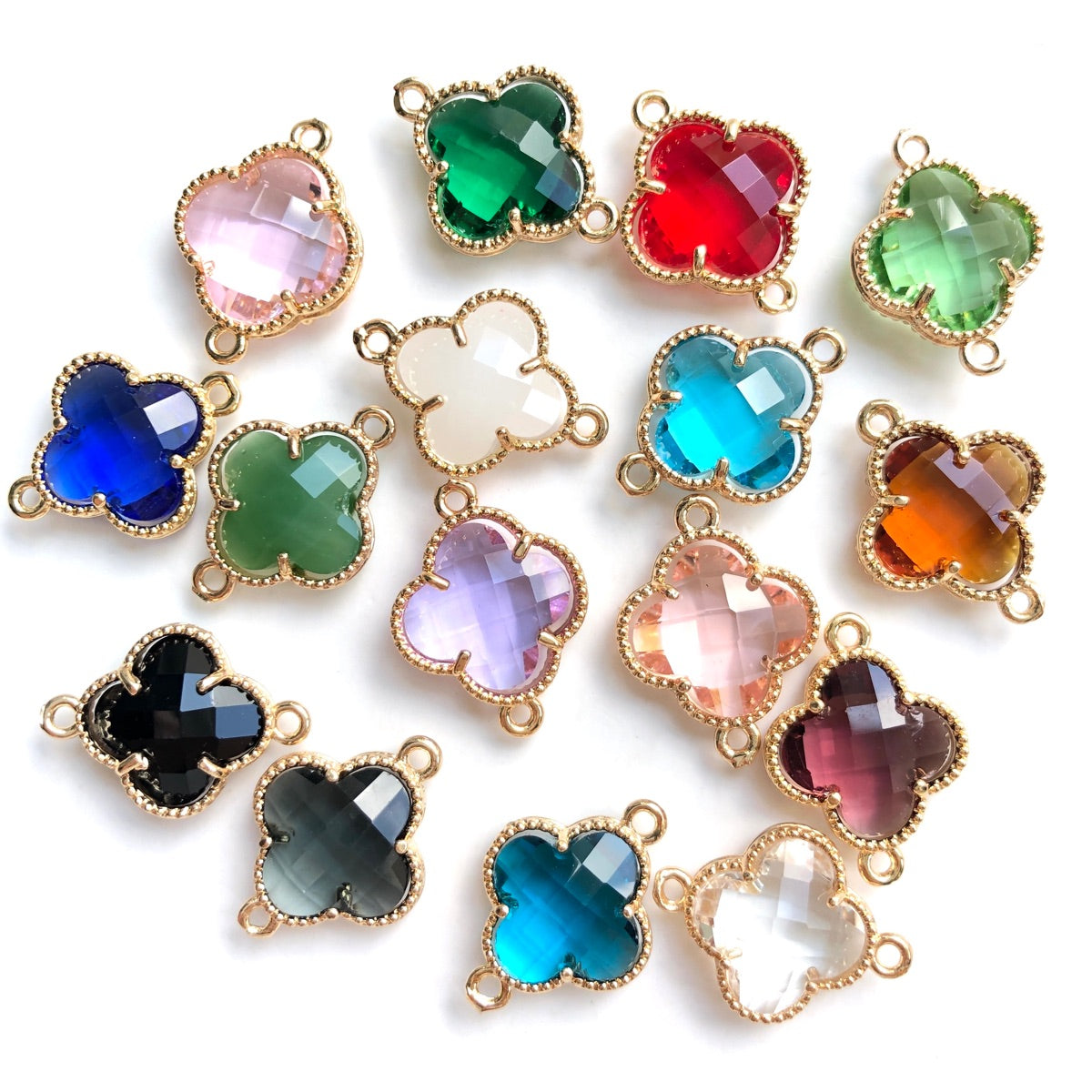 10pcs/Lot Gold Plated Glass Crystal Clover Flower Connectors Mix Random Colors Stone Charms Flower Glass Beads New Charms Arrivals Charms Beads Beyond