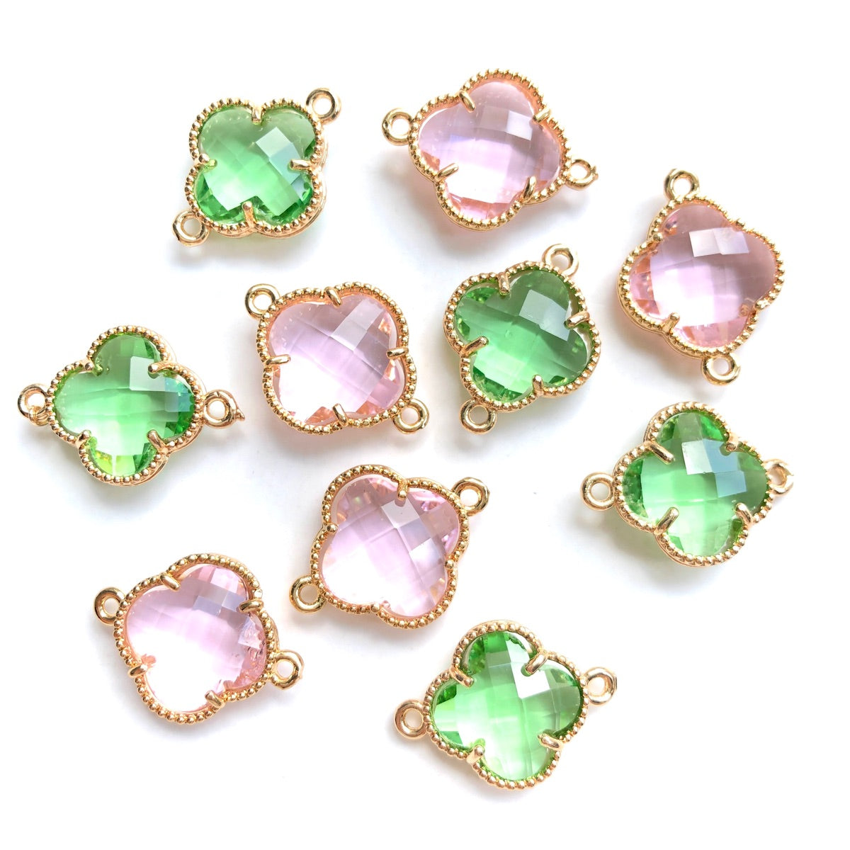10pcs/Lot Gold Plated Glass Crystal Clover Flower Connectors Mix Pink Green Stone Charms Flower Glass Beads New Charms Arrivals Charms Beads Beyond