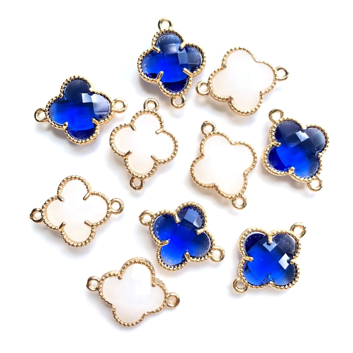 10pcs/Lot Gold Plated Glass Crystal Clover Flower Connectors Mix Blue White Stone Charms Flower Glass Beads New Charms Arrivals Charms Beads Beyond