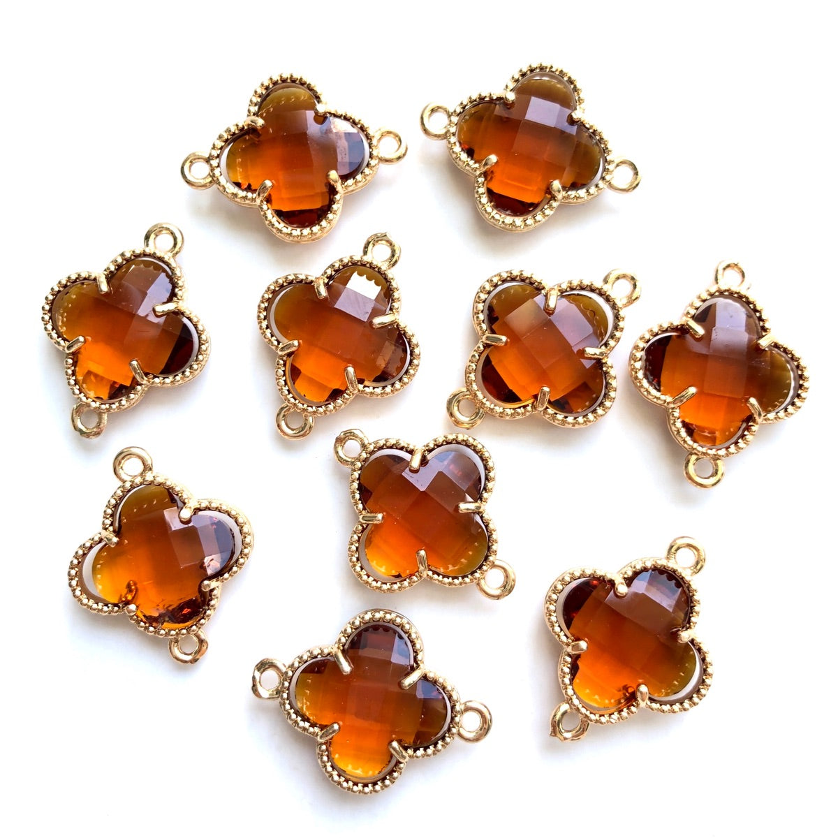 10pcs/Lot Gold Plated Glass Crystal Clover Flower Connectors Brown Stone Charms Flower Glass Beads New Charms Arrivals Charms Beads Beyond