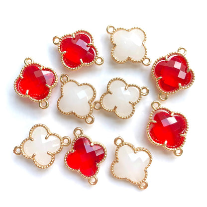 10pcs/Lot Gold Plated Glass Crystal Clover Flower Connectors Mix Red White Stone Charms Flower Glass Beads New Charms Arrivals Charms Beads Beyond