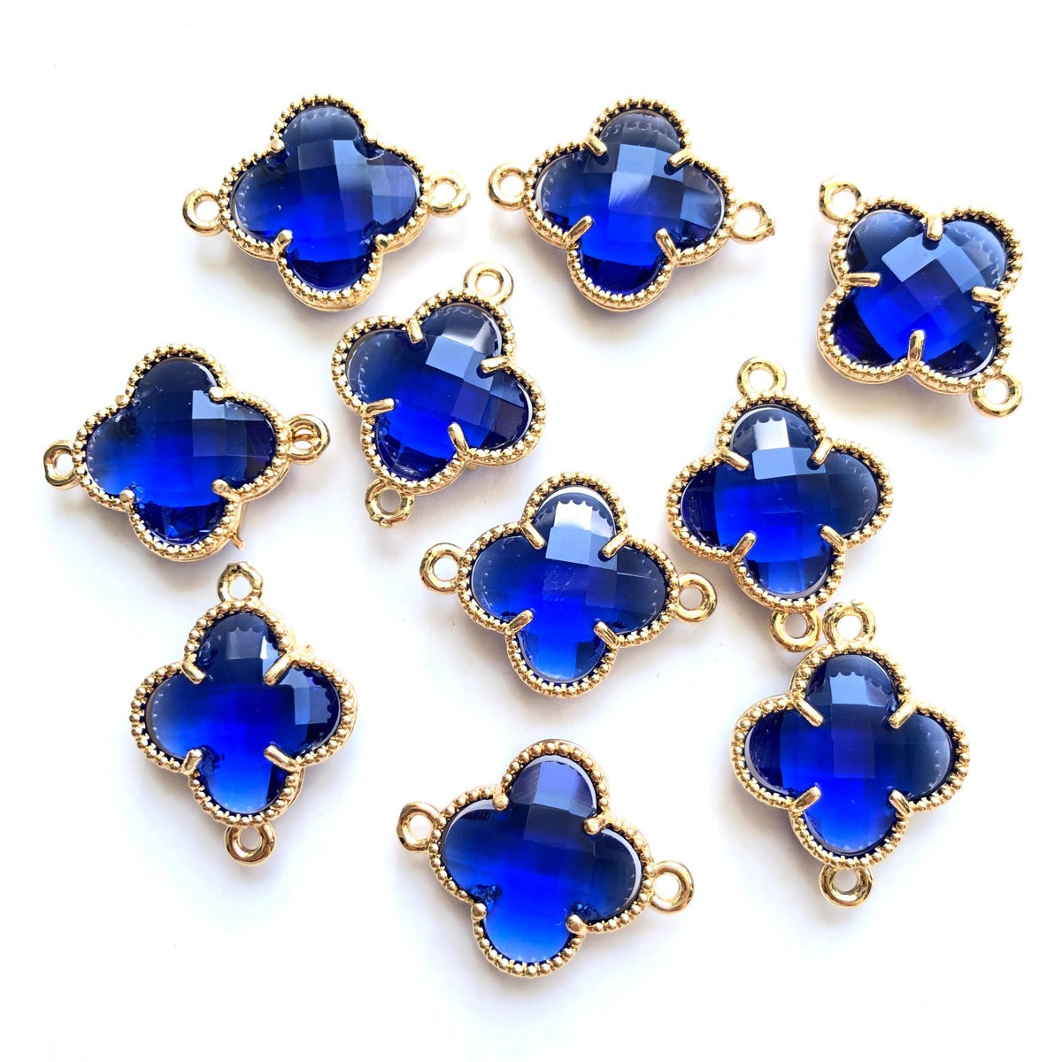 10pcs/Lot Gold Plated Glass Crystal Clover Flower Connectors Blue Stone Charms Flower Glass Beads New Charms Arrivals Charms Beads Beyond