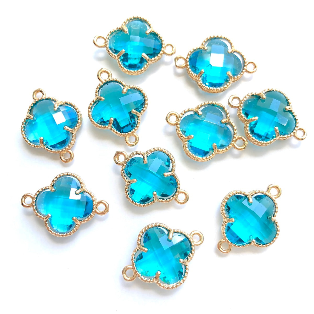 10pcs/Lot Gold Plated Glass Crystal Clover Flower Connectors Lake Blue Stone Charms Flower Glass Beads New Charms Arrivals Charms Beads Beyond
