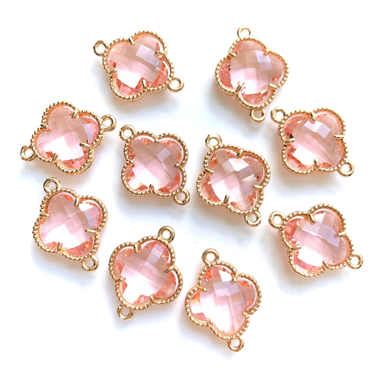 10pcs/Lot Gold Plated Glass Crystal Clover Flower Connectors Rose Pink Stone Charms Flower Glass Beads New Charms Arrivals Charms Beads Beyond