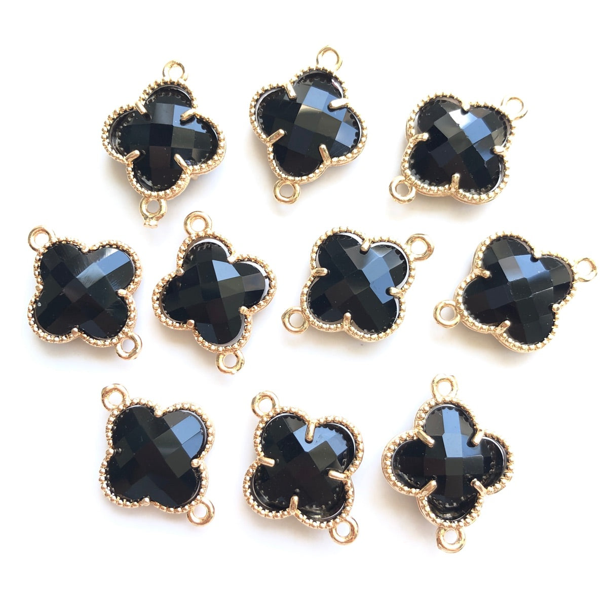 10pcs/Lot Gold Plated Glass Crystal Clover Flower Connectors Black Stone Charms Flower Glass Beads New Charms Arrivals Charms Beads Beyond