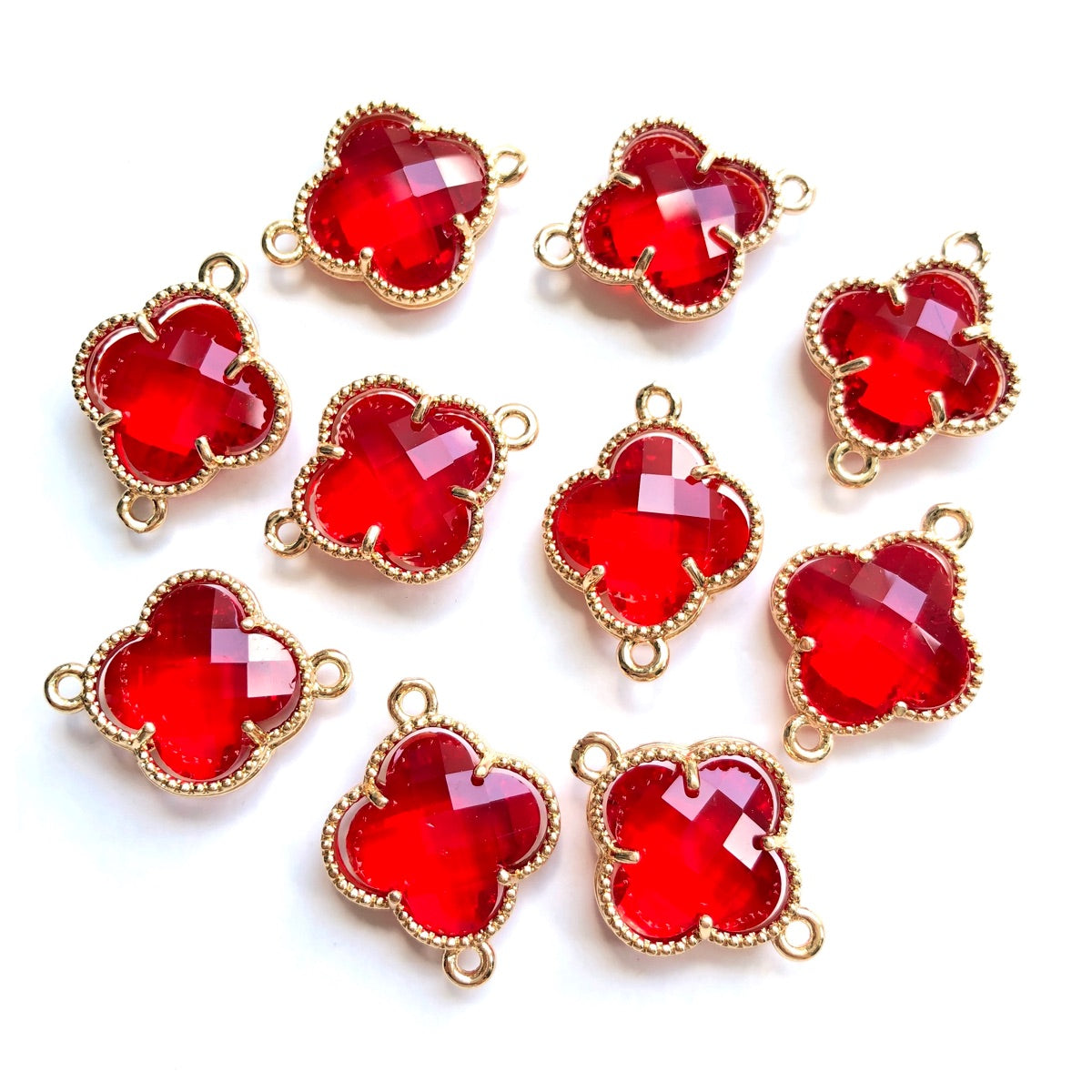 10pcs/Lot Gold Plated Glass Crystal Clover Flower Connectors Red Stone Charms Flower Glass Beads New Charms Arrivals Charms Beads Beyond