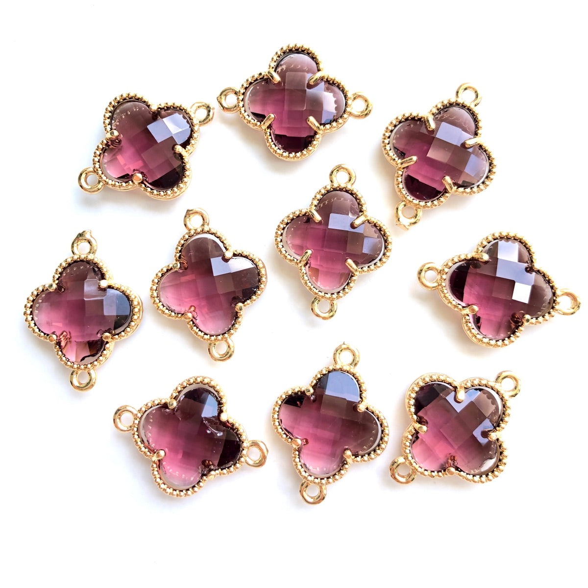 10pcs/Lot Gold Plated Glass Crystal Clover Flower Connectors Grape Purple Stone Charms Flower Glass Beads New Charms Arrivals Charms Beads Beyond