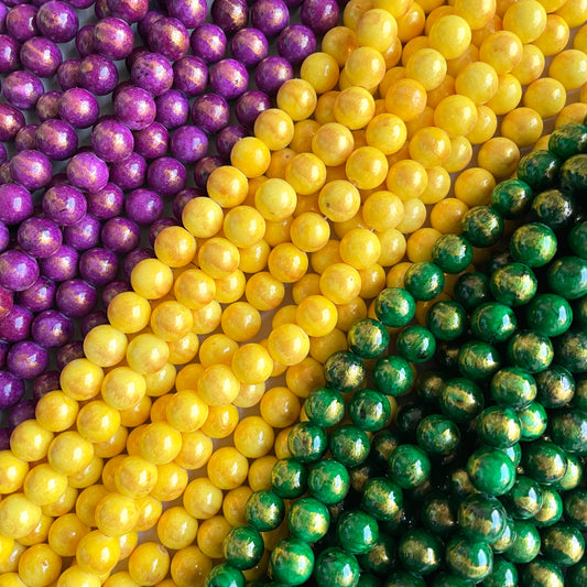 2 Strands/lot 10mm Gold-Plated Mardi Gras Color Yellow Green Purple Jade Round Stone Beads 2 Each Color Stone Beads Mardi Gras New Beads Arrivals Round Jade Beads Charms Beads Beyond