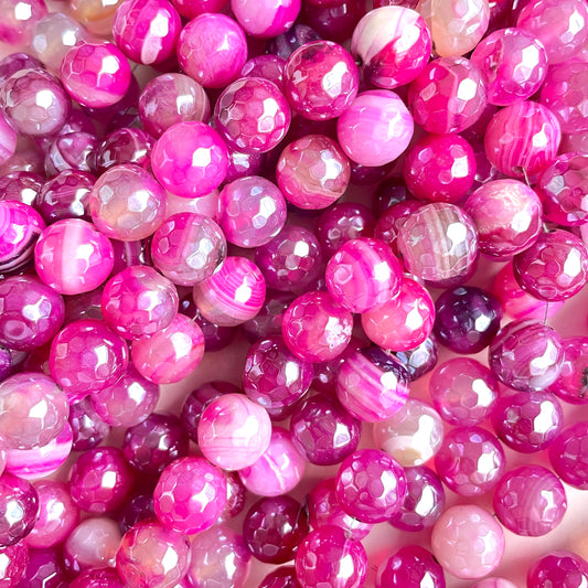 2 Strands/lot 10, 12mm Fuchsia Electroplated Faceted Banded Agate Stone Beads 10mm Electroplated Beads 12mm Stone Beads Breast Cancer Awareness Electroplated Faceted Agate Beads Charms Beads Beyond