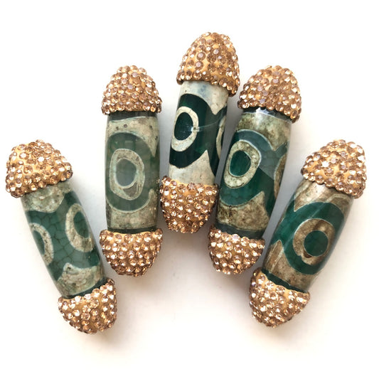5pcs/lot Gold Rhinestone Paved Green Eye Dzi Tibetan Barrel Beads Focal Spacers Agate Spacers Focal Beads Charms Beads Beyond