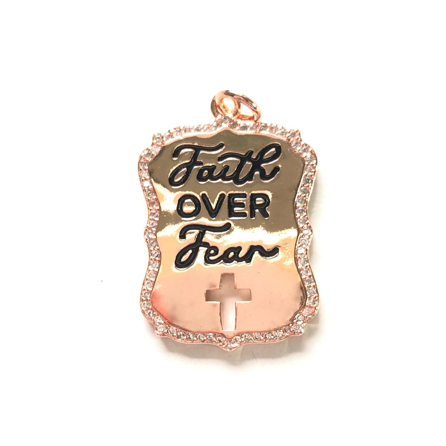 10pcs/lot CZ Paved Faith Over Fear Word Tags Charms Rose Gold CZ Paved Charms Christian Quotes New Charms Arrivals Charms Beads Beyond