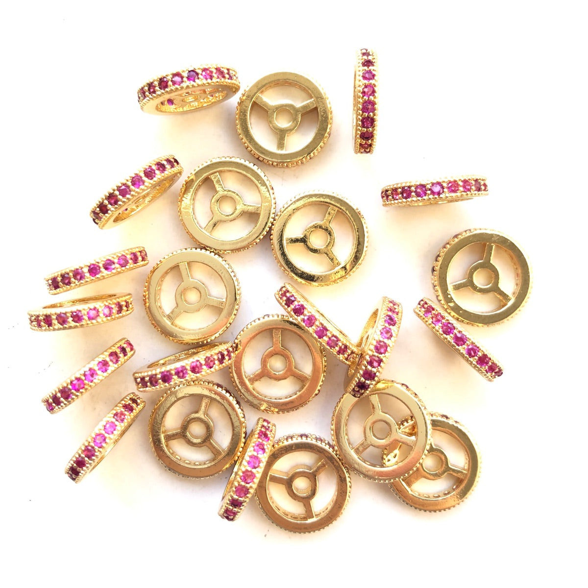20pcs/lot 9.6/12mm Fuchsia CZ Paved Wheel Rondelle Spacers Gold CZ Paved Spacers New Spacers Arrivals Rondelle Beads Charms Beads Beyond