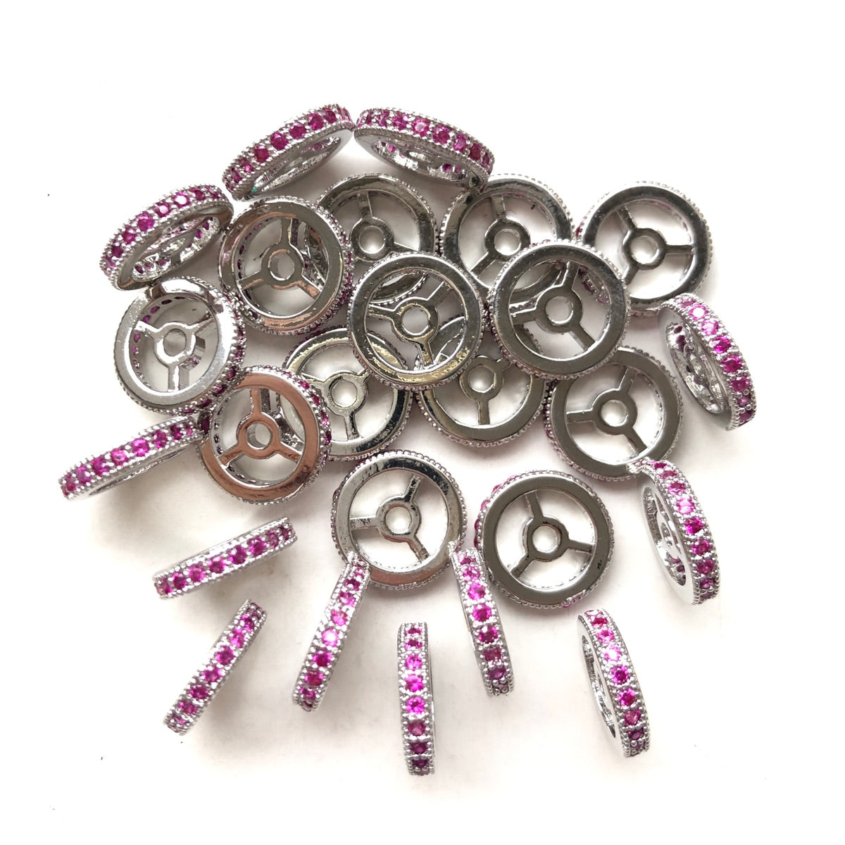 20pcs/lot 9.6/12mm Fuchsia CZ Paved Wheel Rondelle Spacers Silver CZ Paved Spacers New Spacers Arrivals Rondelle Beads Charms Beads Beyond