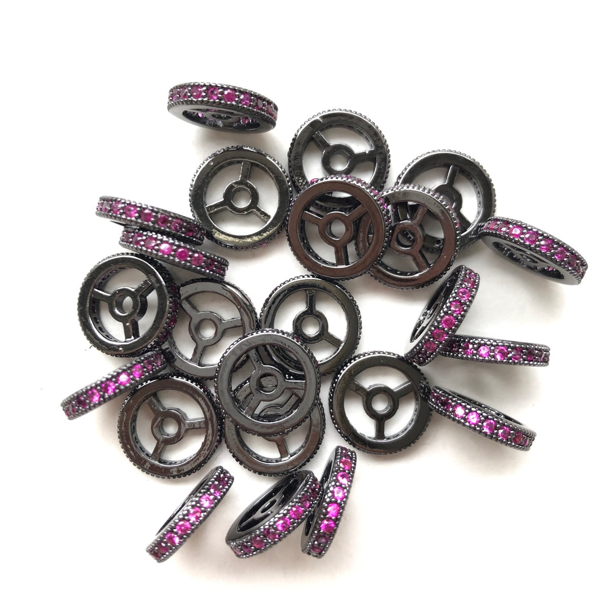 20pcs/lot 9.6/12mm Fuchsia CZ Paved Wheel Rondelle Spacers Black CZ Paved Spacers New Spacers Arrivals Rondelle Beads Charms Beads Beyond