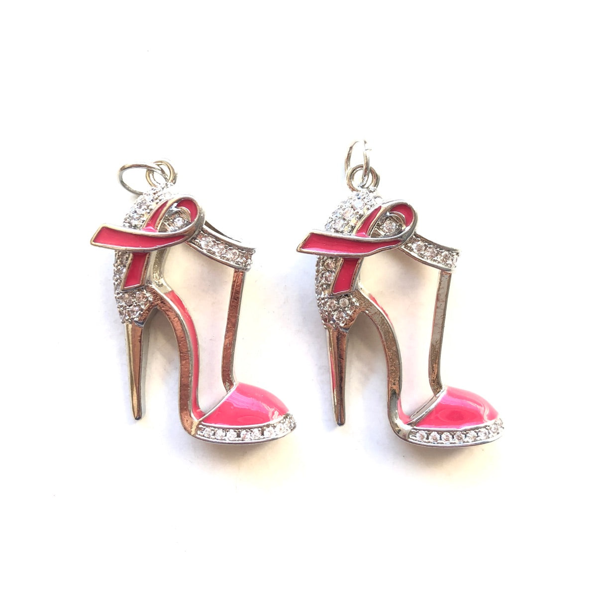 10pcs/lot CZ Pave Pink Ribbon High Heels Shoe Charms - Breast Cancer Awareness CZ Paved Charms Breast Cancer Awareness High Heels New Charms Arrivals Charms Beads Beyond