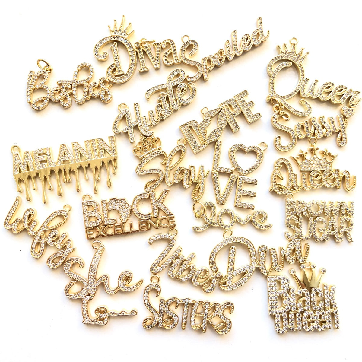 20pcs/lot Mix Diva Wifey Love Black Queen Slay... Word Charms Bundle Gold CZ Paved Charms Mix Charms On Sale Charms Beads Beyond