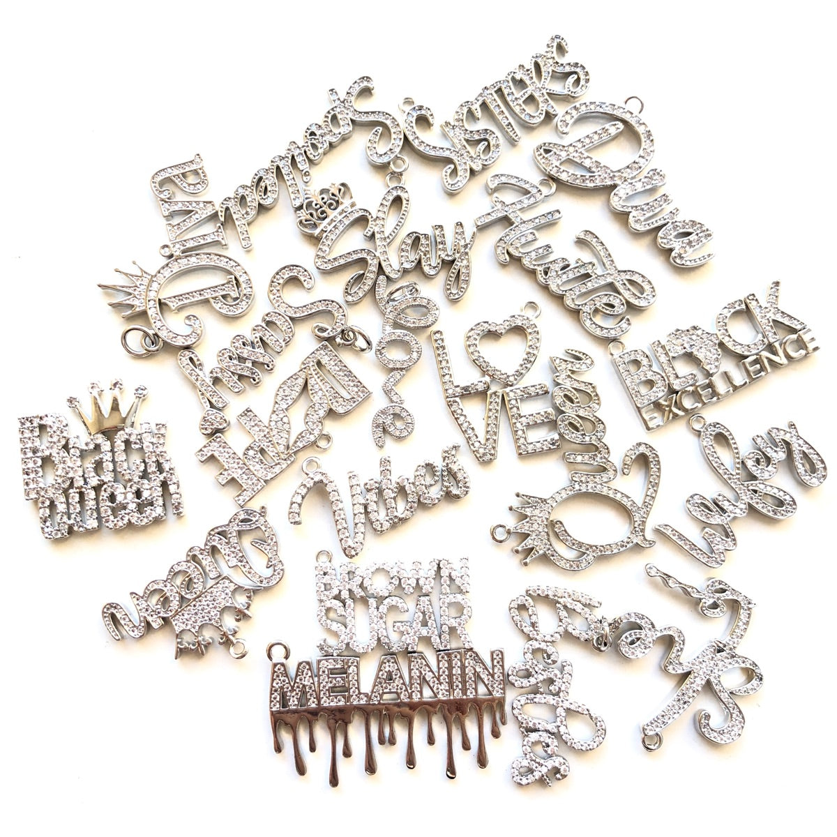 20pcs/lot Mix Diva Wifey Love Black Queen Slay... Word Charms Bundle Silver CZ Paved Charms Mix Charms On Sale Charms Beads Beyond