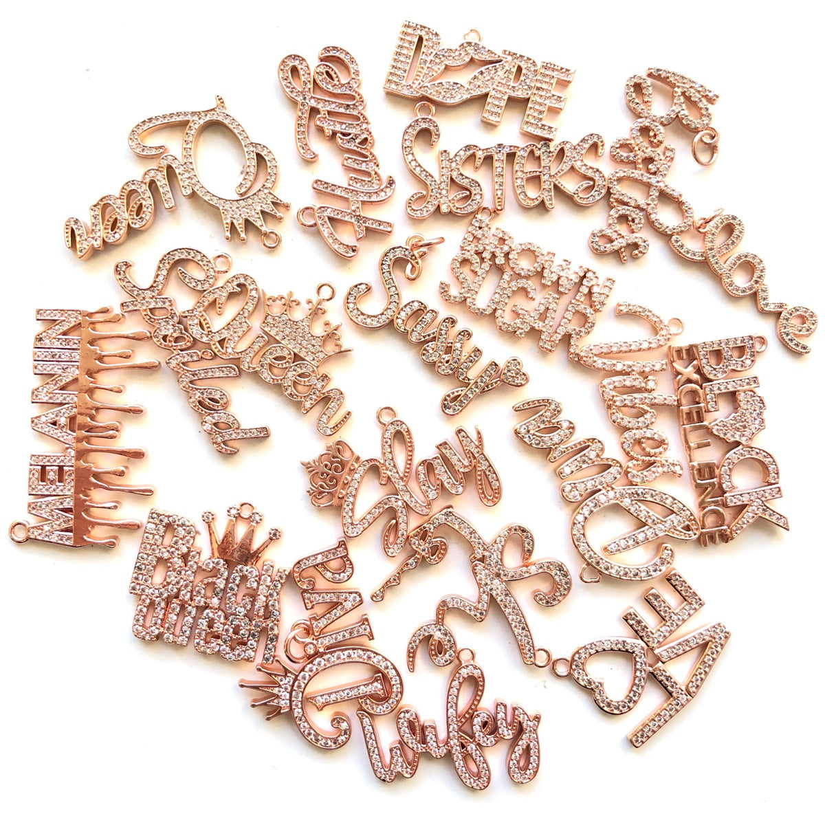 20pcs/lot Mix Diva Wifey Love Black Queen Slay... Word Charms Bundle Rose Gold CZ Paved Charms Mix Charms On Sale Charms Beads Beyond