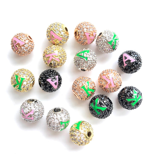 12pcs/lot 10mm Pink Green Enamel CZ Paved A, K Initial Alphabet Letter Ball Spacers Beads CZ Paved Spacers 10mm Beads Ball Beads Greek Letters New Spacers Arrivals Charms Beads Beyond