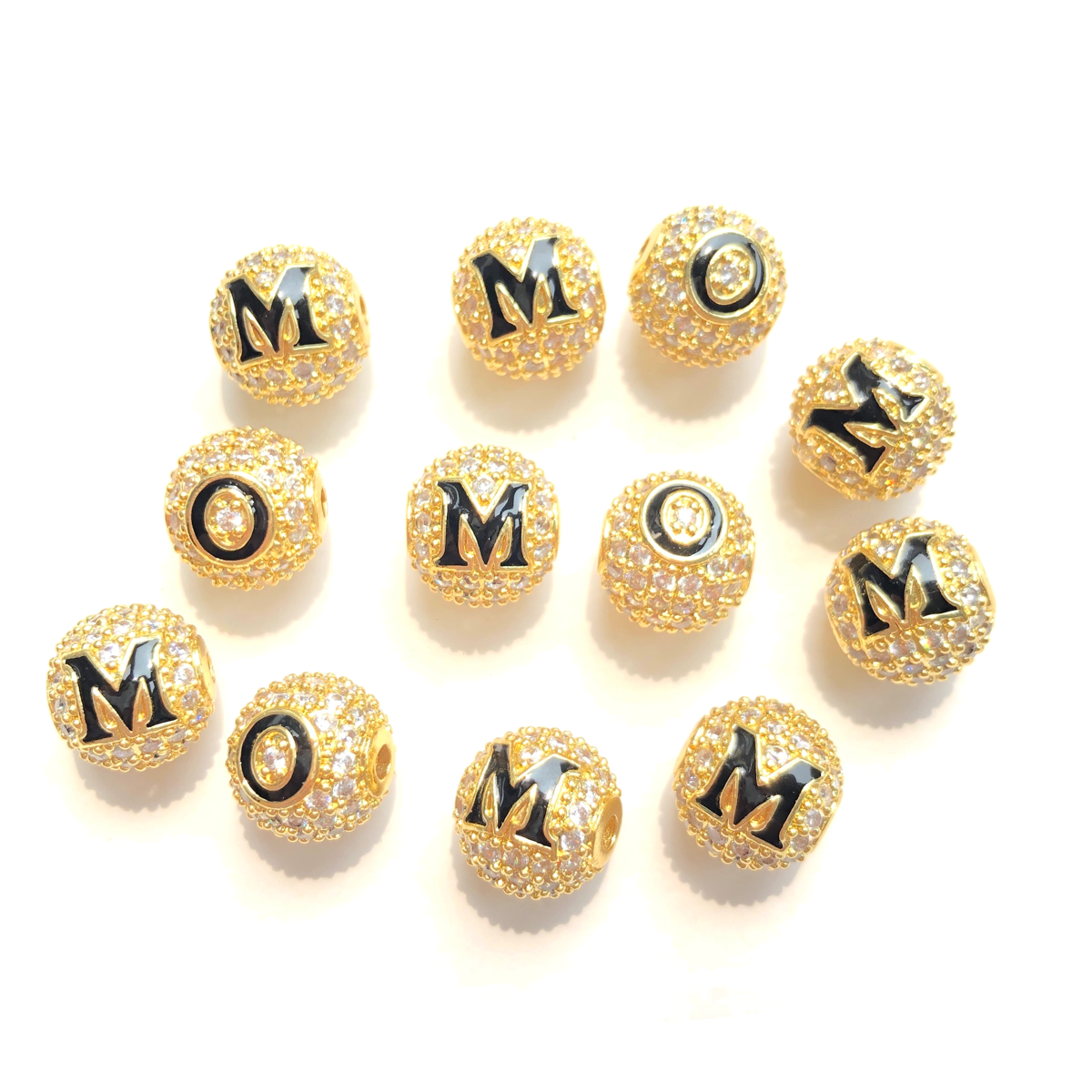 12pcs/lot 10mm CZ Paved M, O Letter Ball Spacers MOM Beads for Mother's Day Gold-4 Sets MOM CZ Paved Spacers 10mm Beads Ball Beads Mother's Day Mother's Day Beads New Spacers Arrivals Charms Beads Beyond