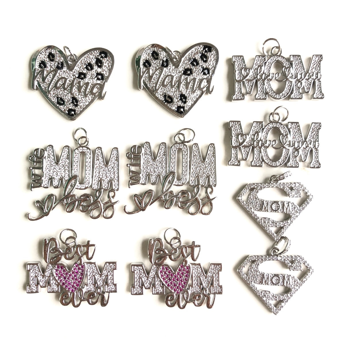 10pcs/lot CZ Pave Mother's Day Charms Bundle 2 Silver-10pcs CZ Paved Charms Mix Charms Mother's Day Charms Beads Beyond