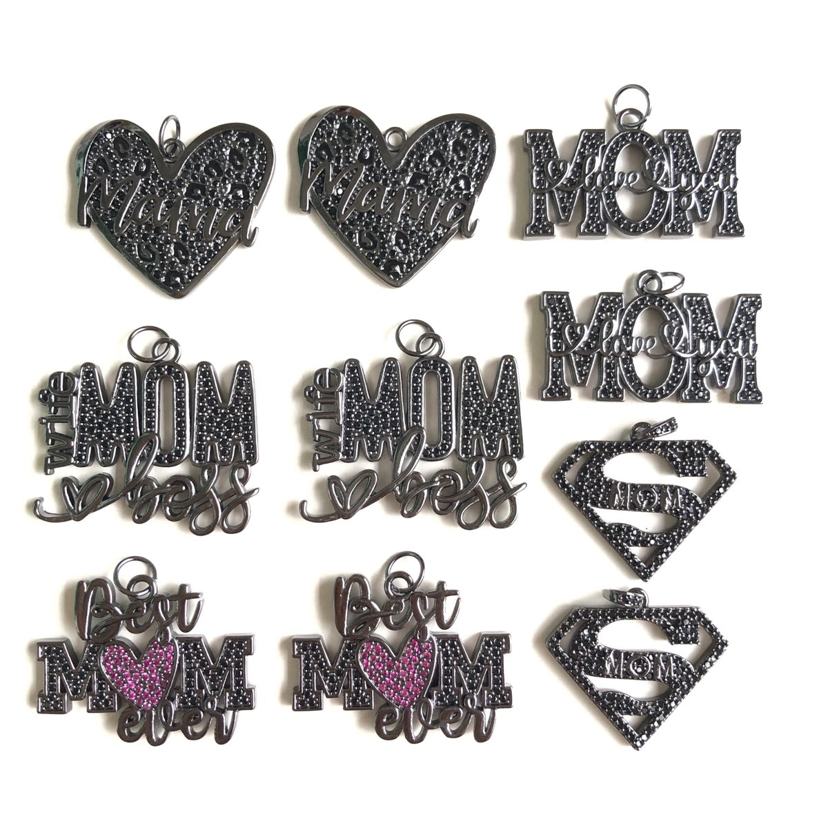 10pcs/lot CZ Pave Mother's Day Charms Bundle 2 Black on Black-10pcs CZ Paved Charms Mix Charms Mother's Day Charms Beads Beyond
