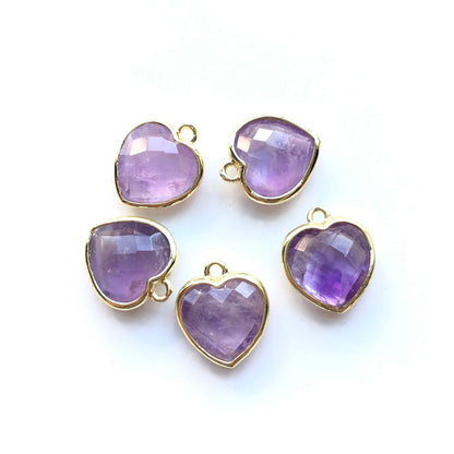 5pcs/Lot Gold Plated Bezel Natural Amethyst Tiger Eye Rose Quartz Faceted Small Size Heart Pendants Amethyst Stone Charms New Charms Arrivals Charms Beads Beyond