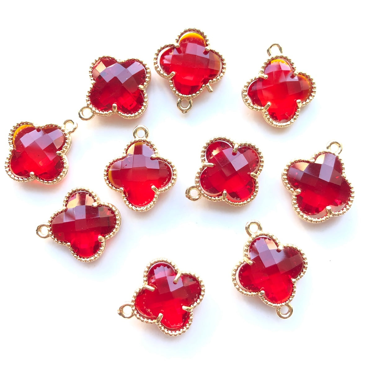 10pcs/Lot Gold Plated Glass Crystal Clover Flower Charms Red Stone Charms Flower Glass Beads New Charms Arrivals Charms Beads Beyond