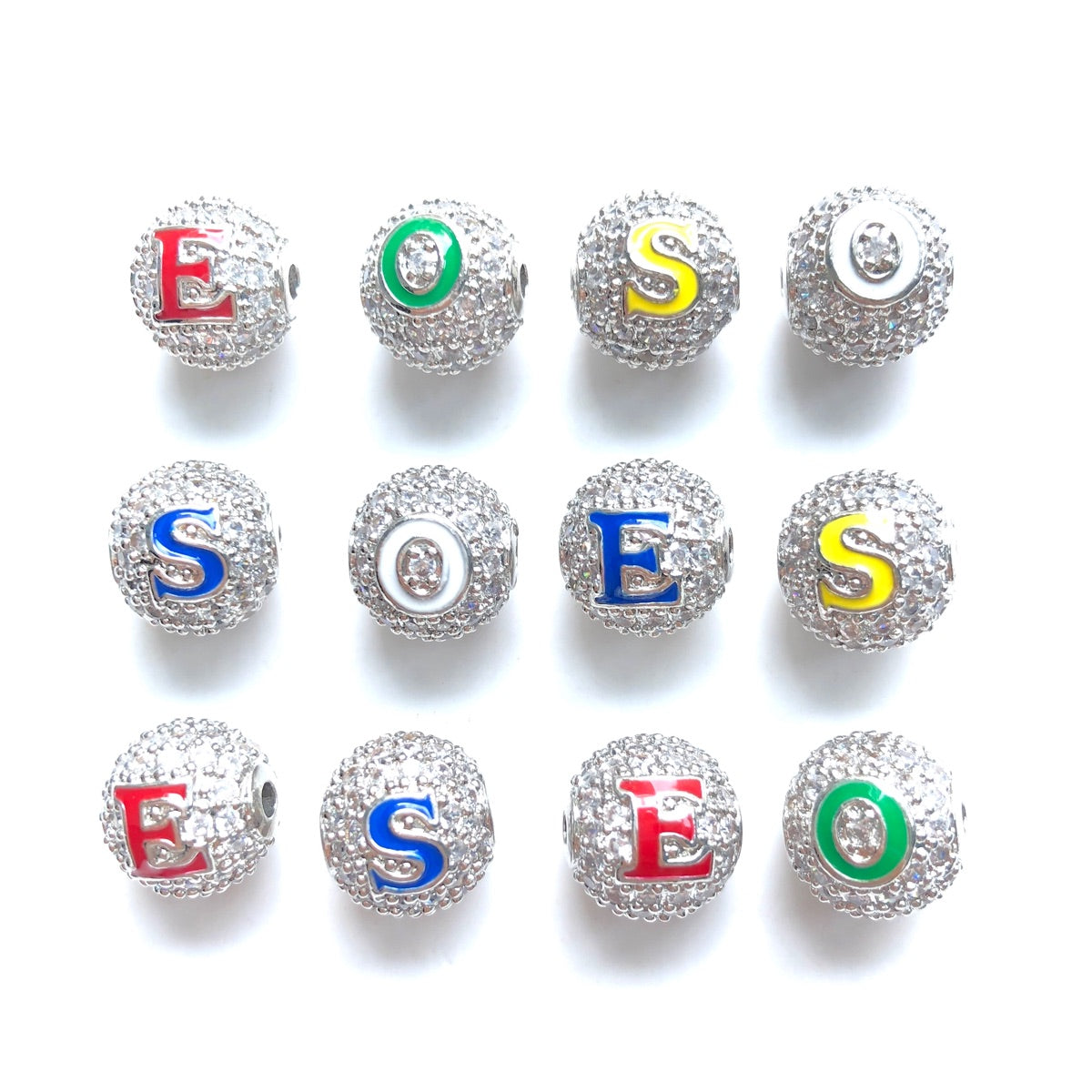 12pcs/lot 10mm Colorful Enamel CZ Paved Letter "O", "E", "S" Ball Spacers Beads Mix Silver Letters 4 Letters Each CZ Paved Spacers 10mm Beads Ball Beads New Spacers Arrivals Charms Beads Beyond