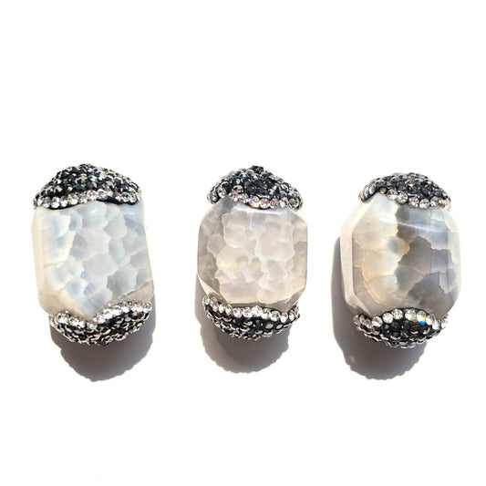 3pcs/lot 26*16mm Rhinestone Paved Agate Spacers-White Agate Spacers Focal Beads Charms Beads Beyond