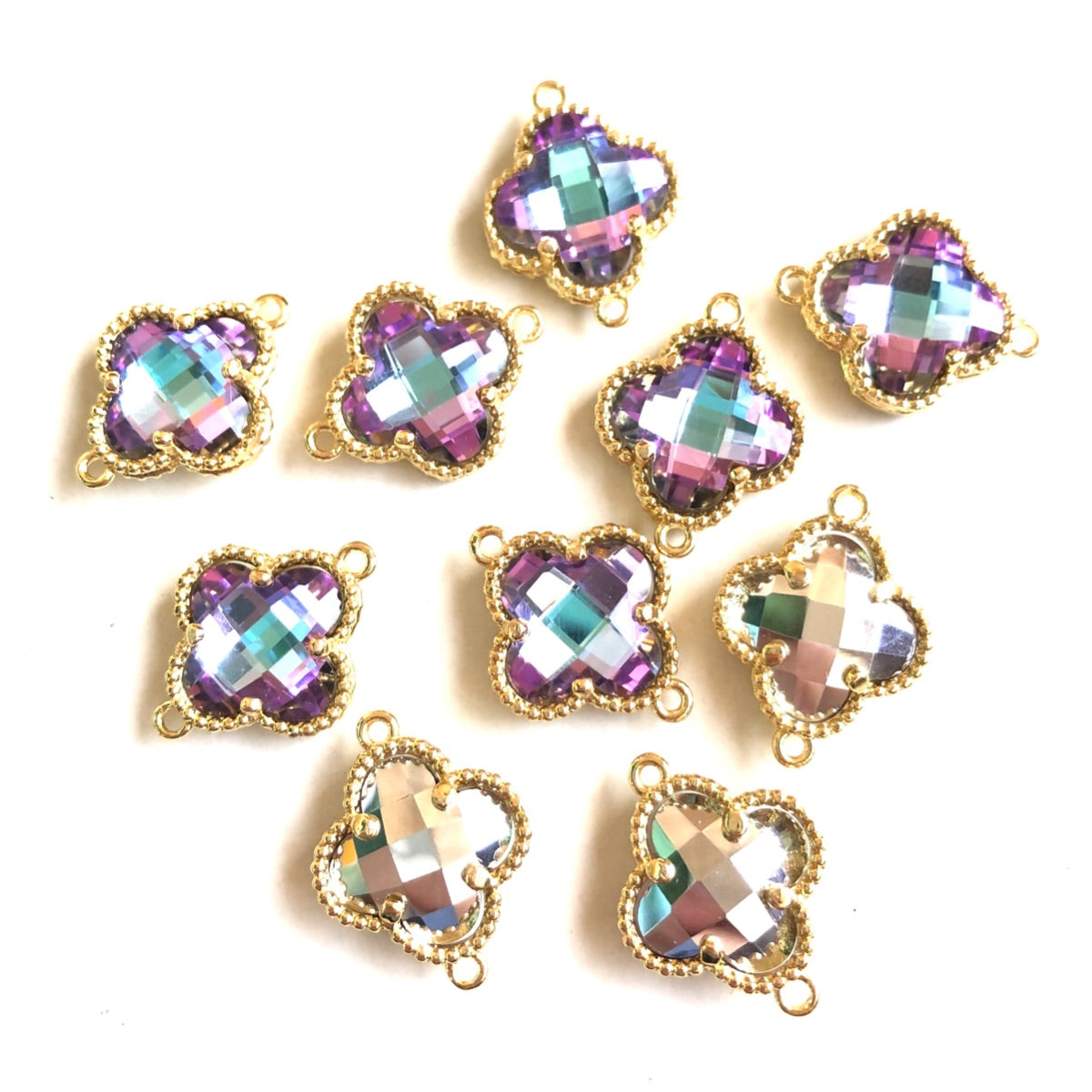 10pcs/Lot Gold Plated Purple Silver Glass Clover Connectors & Pendants Connector Stone Charms Breast Cancer Awareness Flower Glass Beads New Charms Arrivals Charms Beads Beyond