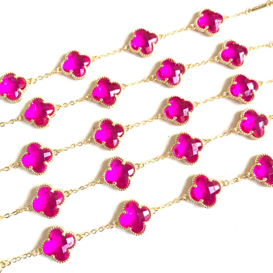 5-10pcs/lot Gold Plated Hot Pink Fuchsia Glass Clover Bracelets Women Bracelets Charms Beads Beyond