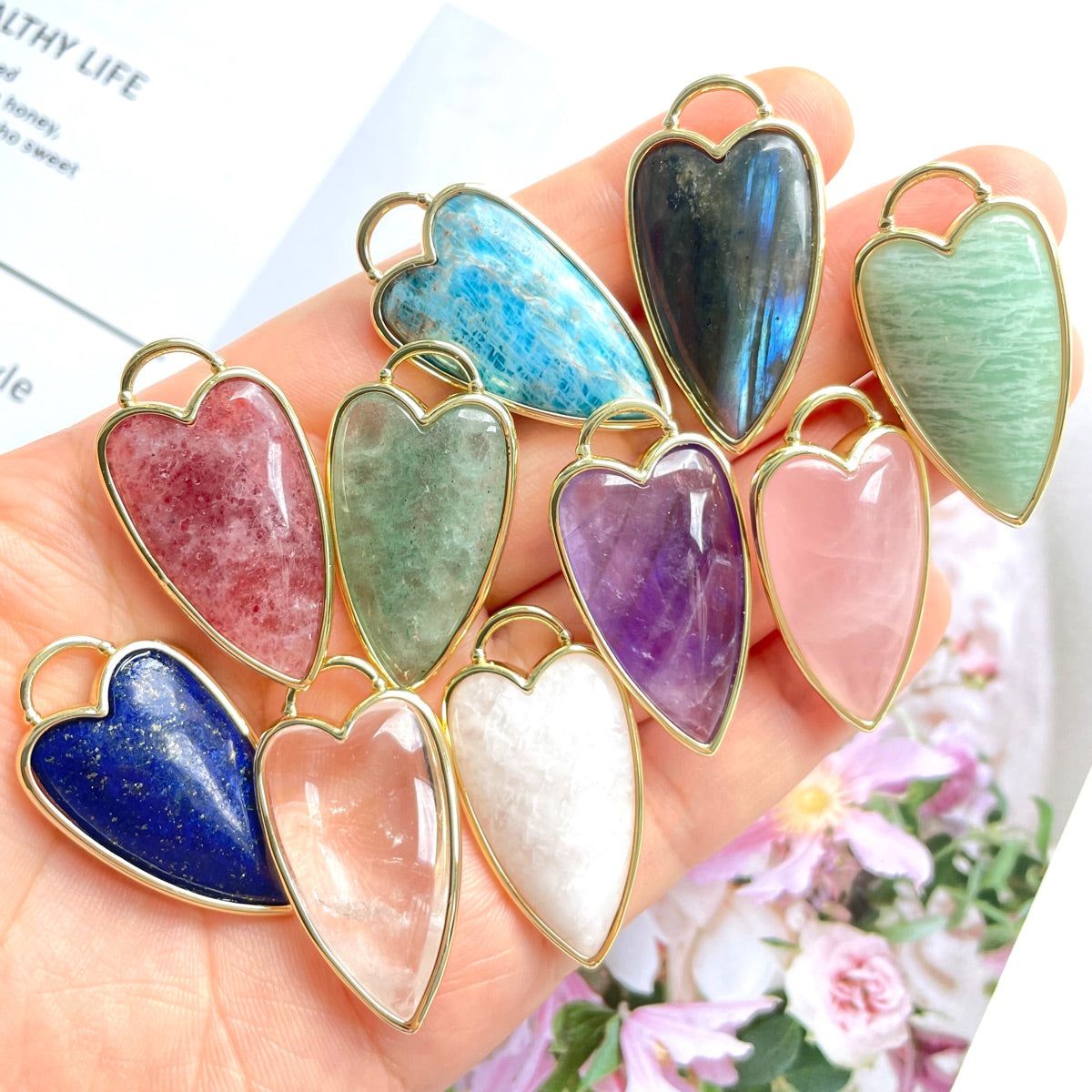 5pcs/Lot Gold Plated Bezel Labradorite Amethyst Strawberry Rose Quartz Long Heart Pendants Mix Random Colors Stone Charms New Charms Arrivals Charms Beads Beyond