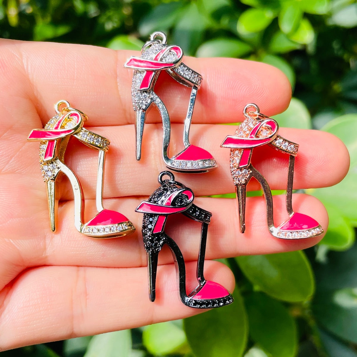 10pcs/lot CZ Pave Pink Ribbon High Heels Shoe Charms - Breast Cancer Awareness Mix Colors CZ Paved Charms Breast Cancer Awareness High Heels New Charms Arrivals Charms Beads Beyond