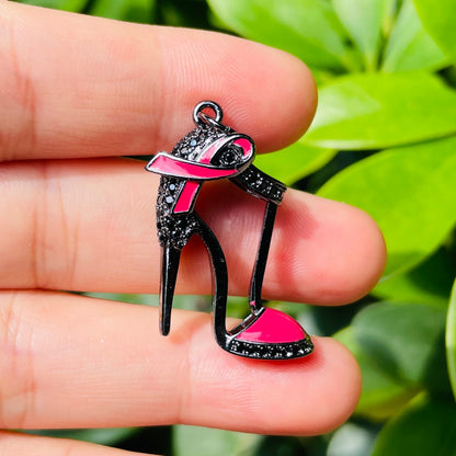 10pcs/lot CZ Pave Pink Ribbon High Heels Shoe Charms - Breast Cancer Awareness Black on Black CZ Paved Charms Breast Cancer Awareness High Heels New Charms Arrivals Charms Beads Beyond