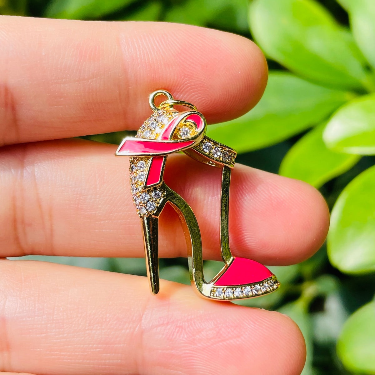 10pcs/lot CZ Pave Pink Ribbon High Heels Shoe Charms - Breast Cancer Awareness Gold CZ Paved Charms Breast Cancer Awareness High Heels New Charms Arrivals Charms Beads Beyond