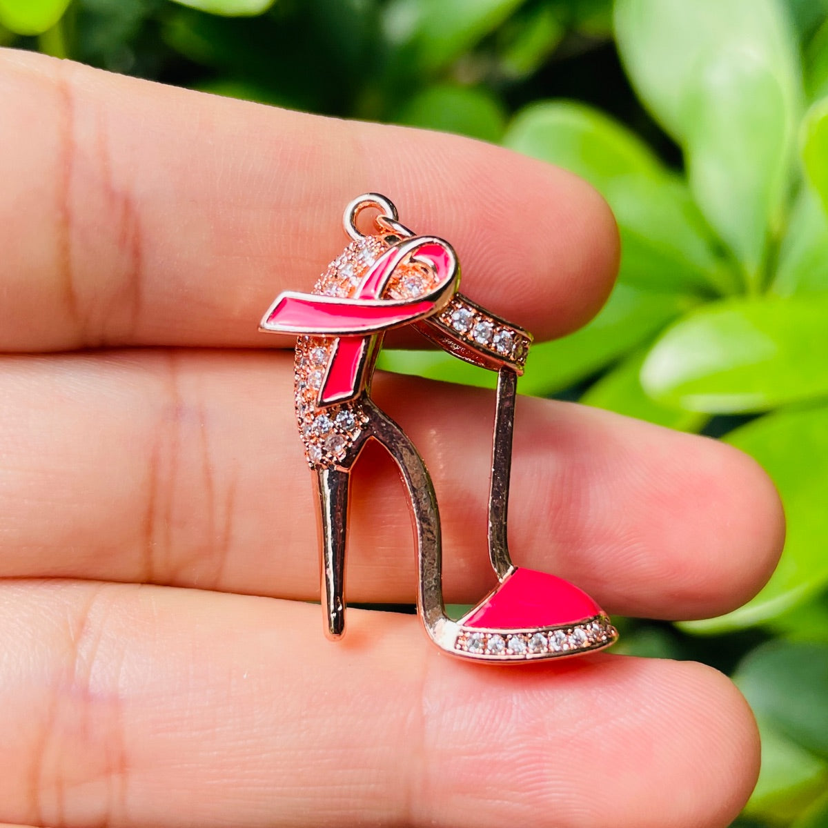 10pcs/lot CZ Pave Pink Ribbon High Heels Shoe Charms - Breast Cancer Awareness Rose Gold CZ Paved Charms Breast Cancer Awareness High Heels New Charms Arrivals Charms Beads Beyond