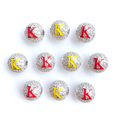 12pcs/lot 10mm Red Yellow Enamel CZ Paved Greek Letter "K", "A", "Ψ" Ball Spacers Beads CZ Paved Spacers 10mm Beads Ball Beads Greek Letters New Spacers Arrivals Charms Beads Beyond