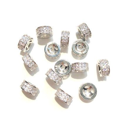 10-20-50pcs/lot 7.8*3.8mm CZ Paved Rondelle Wheel Spacers Silver CZ Paved Spacers Big Hole Beads New Spacers Arrivals Rondelle Beads Wholesale Charms Beads Beyond