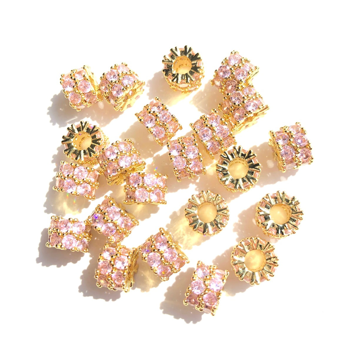 10-20-50pcs/lot 8.4mm Pink CZ Paved Big Hole Rondelle Wheel Spacers Gold CZ Paved Spacers Big Hole Beads New Spacers Arrivals Rondelle Beads Wholesale Charms Beads Beyond