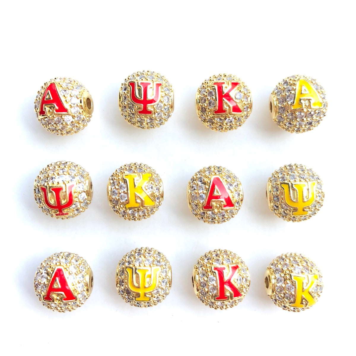 12pcs/lot 10mm Red Yellow Enamel CZ Paved Greek Letter "K", "A", "Ψ" Ball Spacers Beads Mix Gold Letters 4 Letters Each CZ Paved Spacers 10mm Beads Ball Beads Greek Letters New Spacers Arrivals Charms Beads Beyond