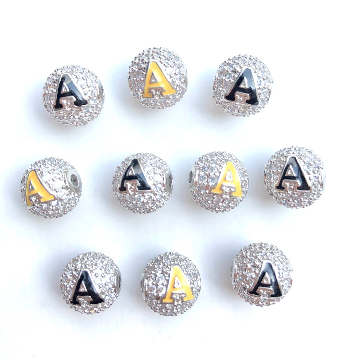 12pcs/lot 10mm Black Yellow Enamel CZ Paved A, Φ Initial Alphabet Letter Ball Spacers Beads Clear on Silver A CZ Paved Spacers 10mm Beads Ball Beads Greek Letters New Spacers Arrivals Charms Beads Beyond